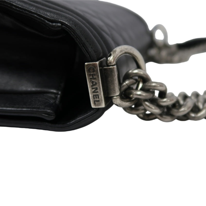 CHANEL Boy Matelasse Lambskin Black Shoulder Bag Silver Hardware