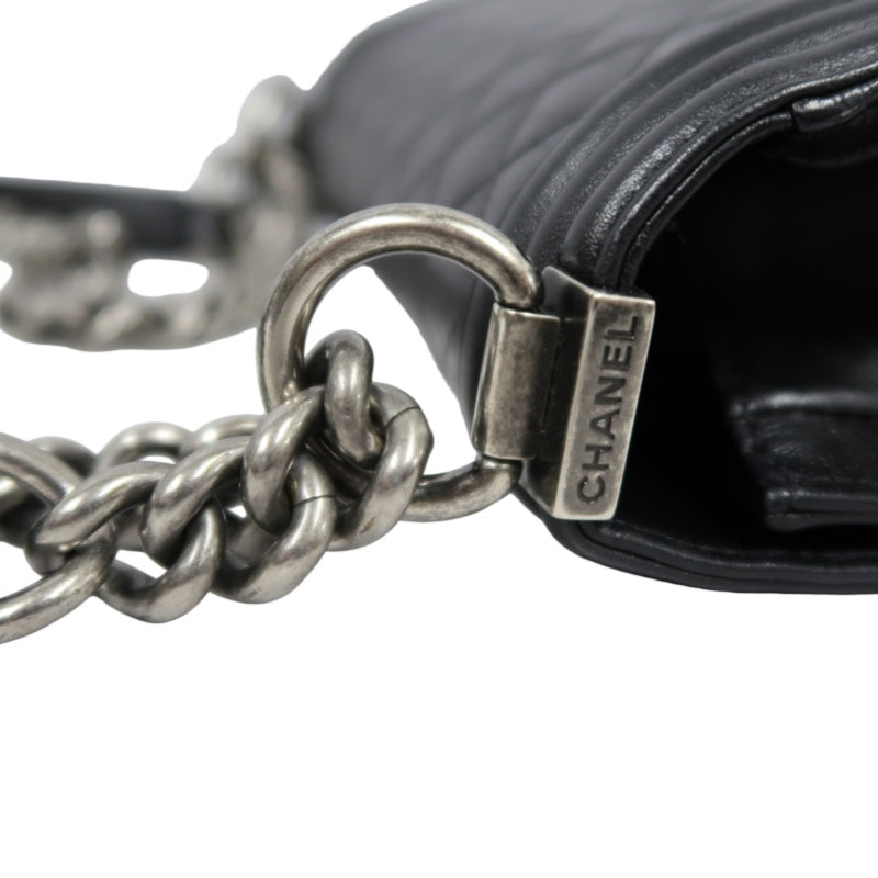 CHANEL Boy Matelasse Lambskin Black Shoulder Bag Silver Hardware