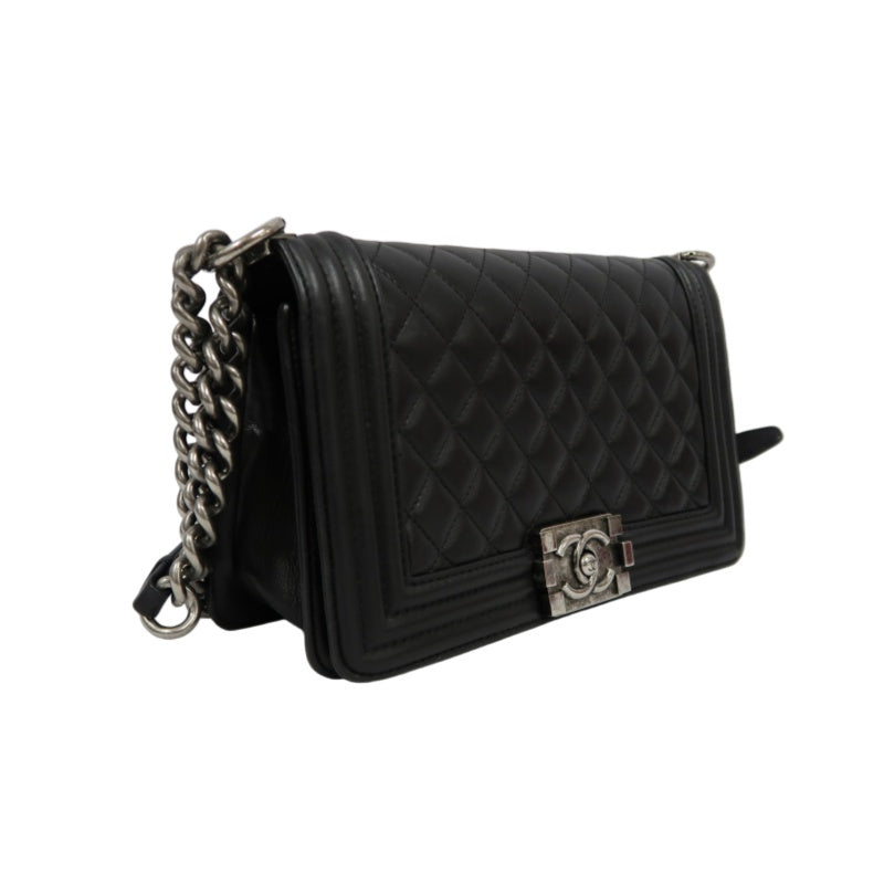 CHANEL Boy Matelasse Lambskin Black Shoulder Bag Silver Hardware