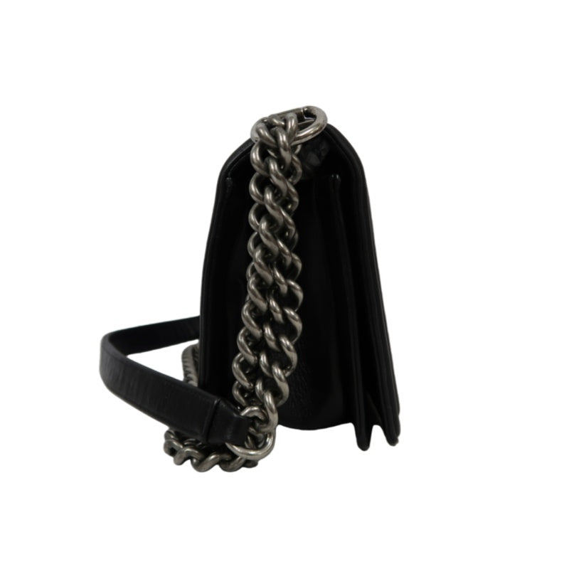 CHANEL Boy Matelasse Lambskin Black Shoulder Bag Silver Hardware