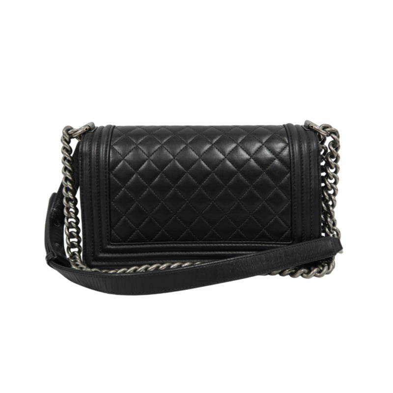 CHANEL Boy Matelasse Lambskin Black Shoulder Bag Silver Hardware