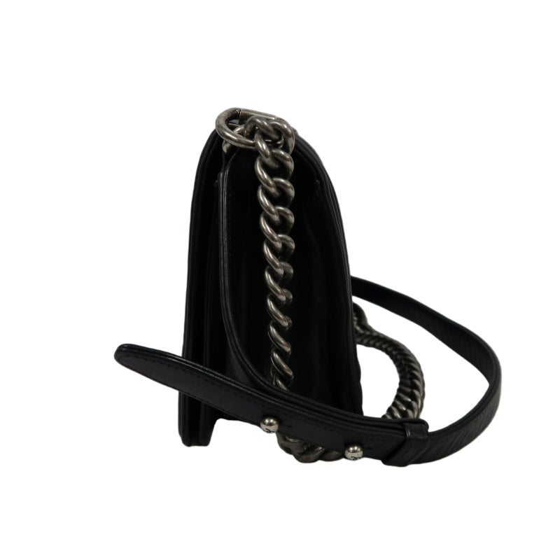 CHANEL Boy Matelasse Lambskin Black Shoulder Bag Silver Hardware