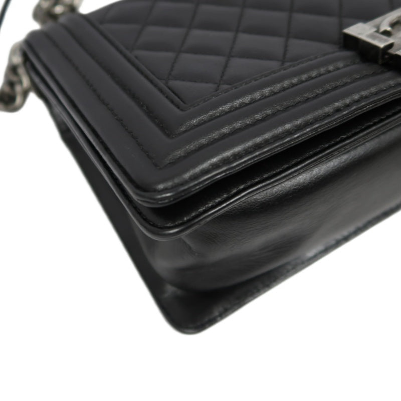 CHANEL Boy Matelasse Lambskin Black Shoulder Bag Silver Hardware