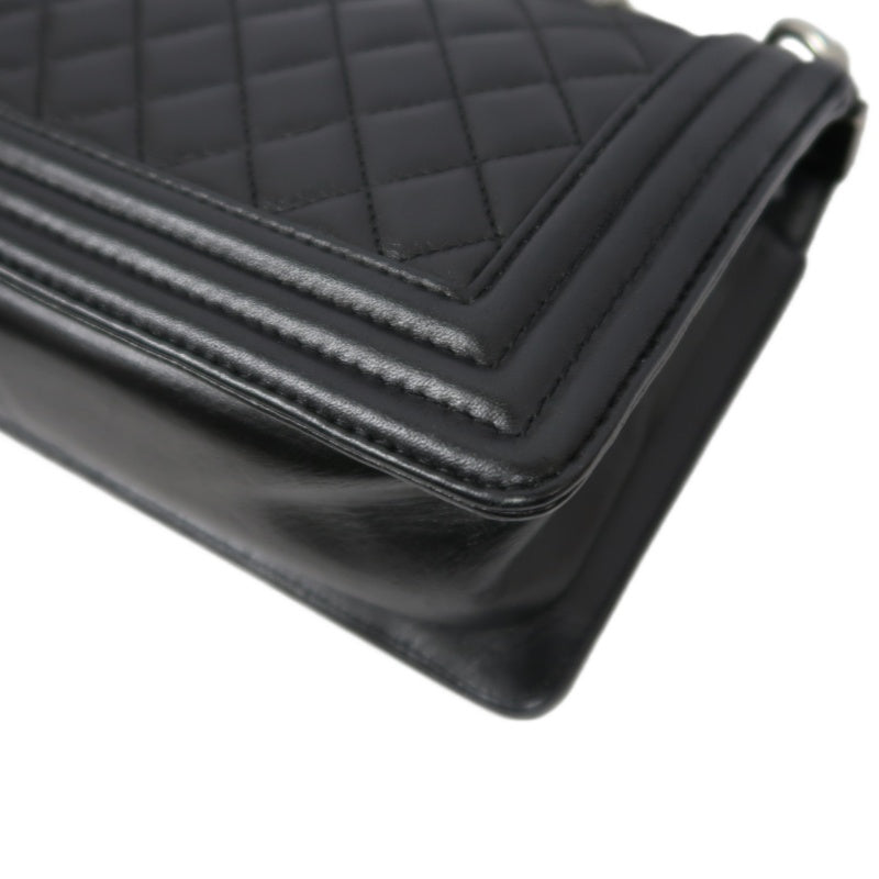 CHANEL Boy Matelasse Lambskin Black Shoulder Bag Silver Hardware