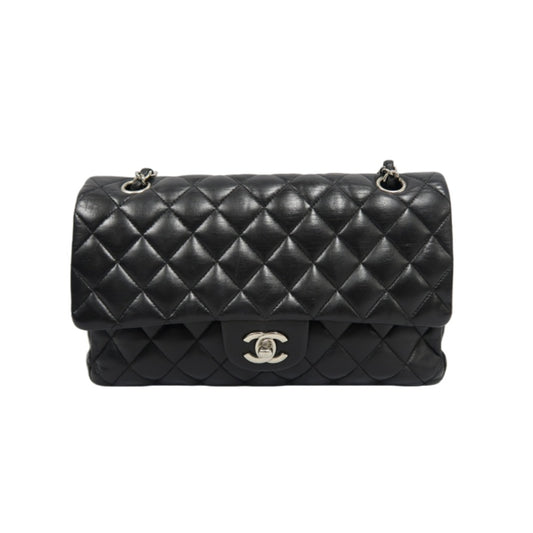 CHANEL Classic Flap (CF) Matelasse Shoulder Bag, Lambskin, Black, Silver Hardware