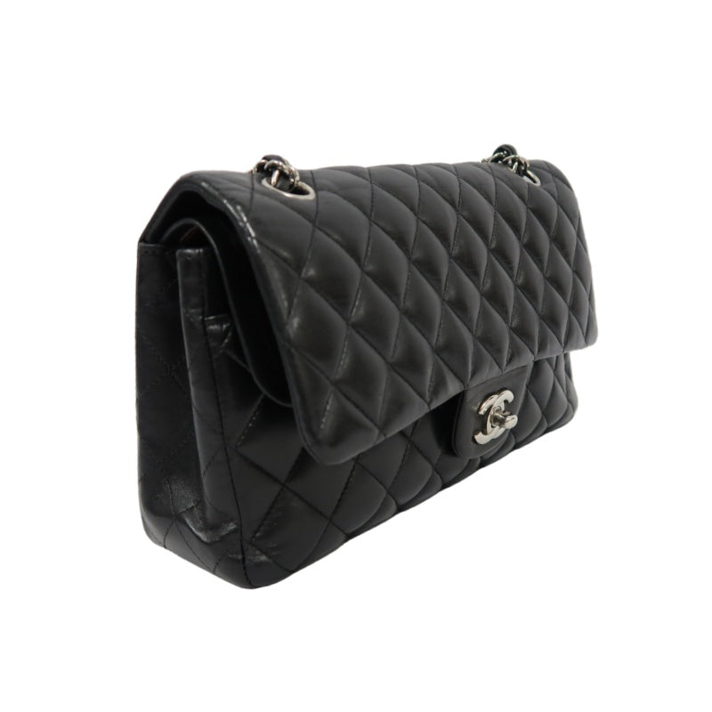 CHANEL Classic Flap (CF) Matelasse Shoulder Bag, Lambskin, Black, Silver Hardware