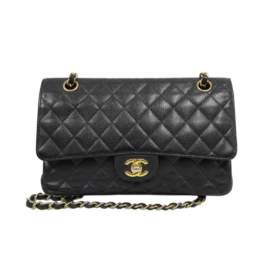 CHANEL Classic Flap (CF) Matelasse Shoulder Bag, Black, Gold Hardware, Grained Calfskin, Crossbody Bag