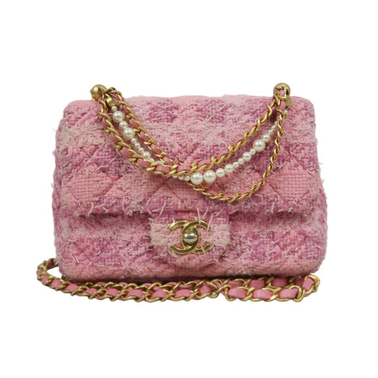 CHANEL Tweed Quilted Shoulder Bag, Pearl Twist, Pink, Gold-tone Hardware, Pink Canvas CF Flap Crossbody Bag