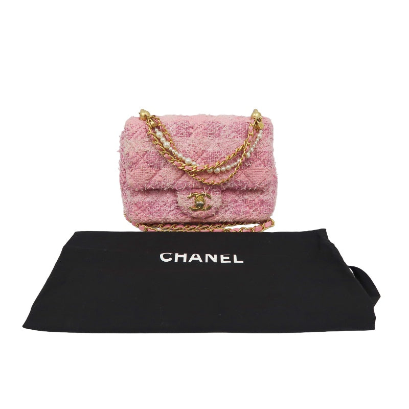 CHANEL Tweed Quilted Shoulder Bag, Pearl Twist, Pink, Gold-tone Hardware, Pink Canvas CF Flap Crossbody Bag