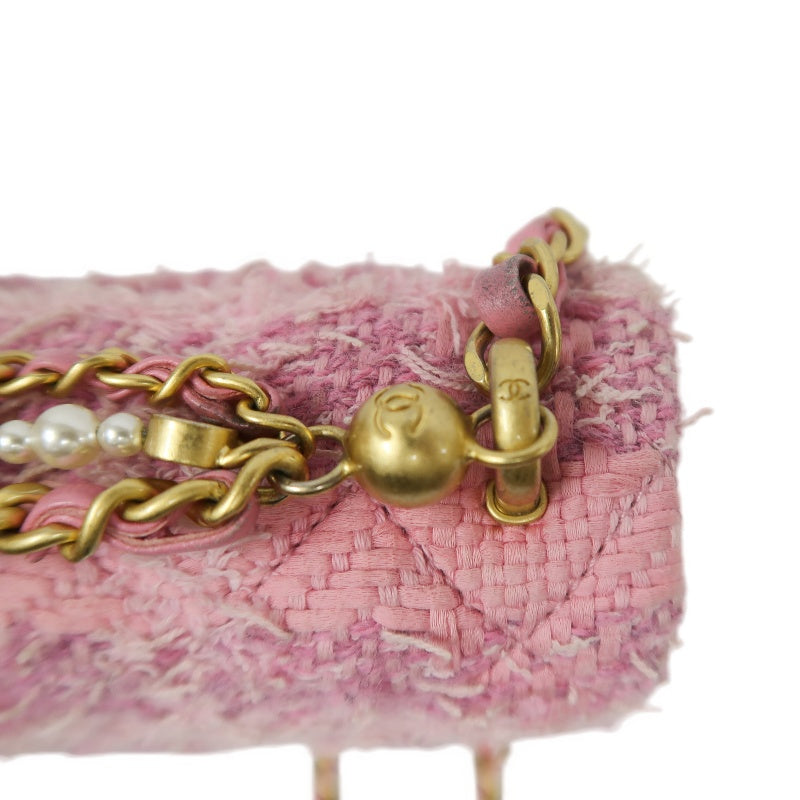 CHANEL Tweed Quilted Shoulder Bag, Pearl Twist, Pink, Gold-tone Hardware, Pink Canvas CF Flap Crossbody Bag
