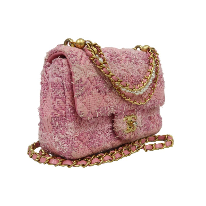 CHANEL Tweed Quilted Shoulder Bag, Pearl Twist, Pink, Gold-tone Hardware, Pink Canvas CF Flap Crossbody Bag