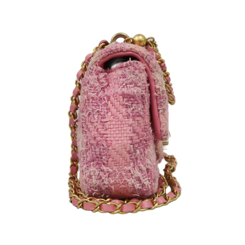 CHANEL Tweed Quilted Shoulder Bag, Pearl Twist, Pink, Gold-tone Hardware, Pink Canvas CF Flap Crossbody Bag