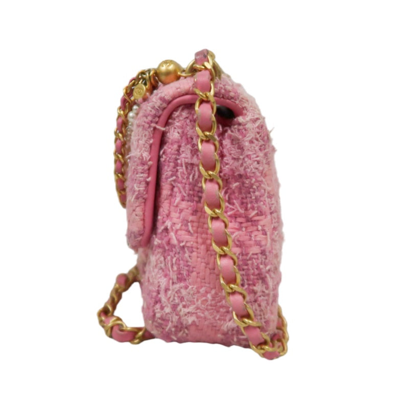 CHANEL Tweed Quilted Shoulder Bag, Pearl Twist, Pink, Gold-tone Hardware, Pink Canvas CF Flap Crossbody Bag