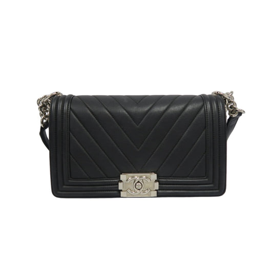 CHANEL Boy Chevron V-Stitch Shoulder Bag, Lambskin, Black, Silver Hardware