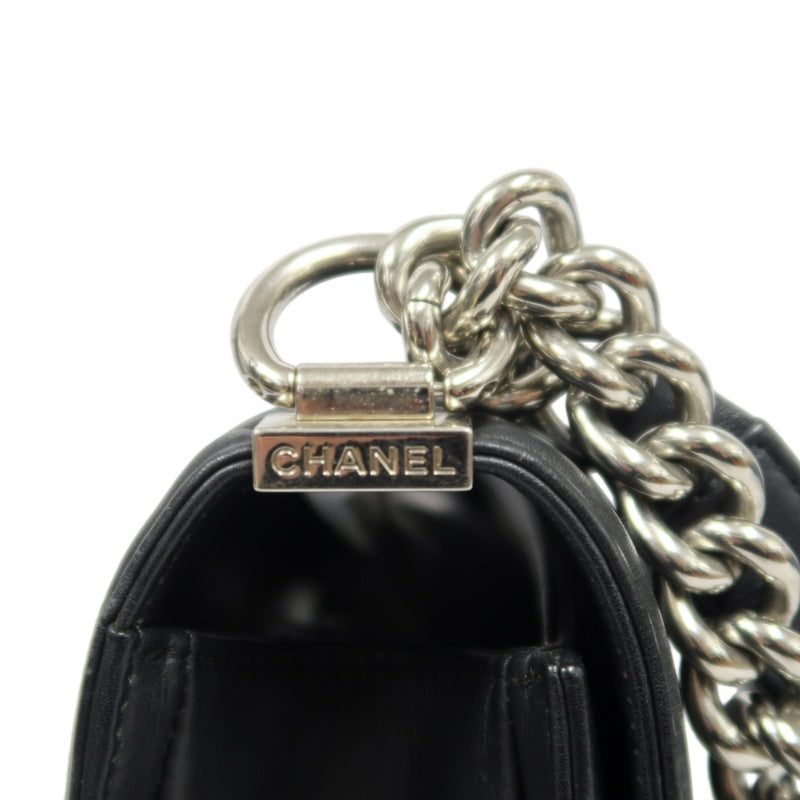 CHANEL Boy Chevron V-Stitch Shoulder Bag, Lambskin, Black, Silver Hardware