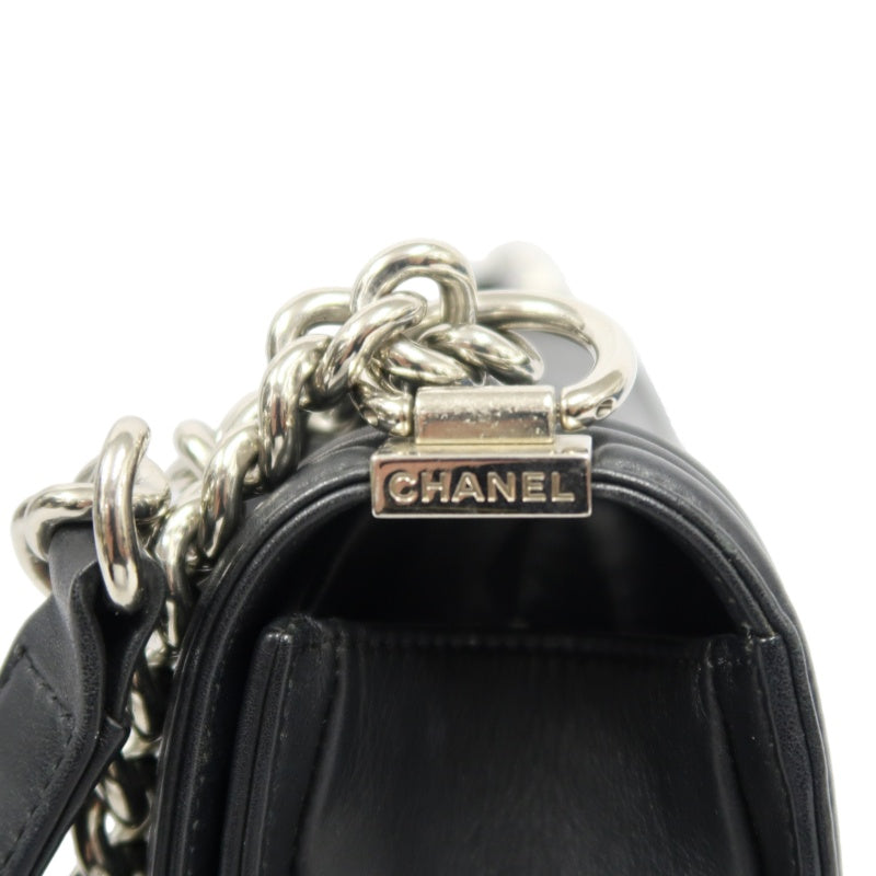 CHANEL Boy Chevron V-Stitch Shoulder Bag, Lambskin, Black, Silver Hardware
