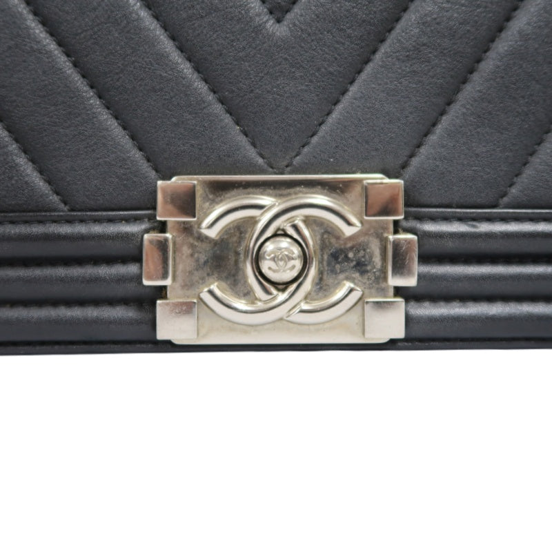 CHANEL Boy Chevron V-Stitch Shoulder Bag, Lambskin, Black, Silver Hardware