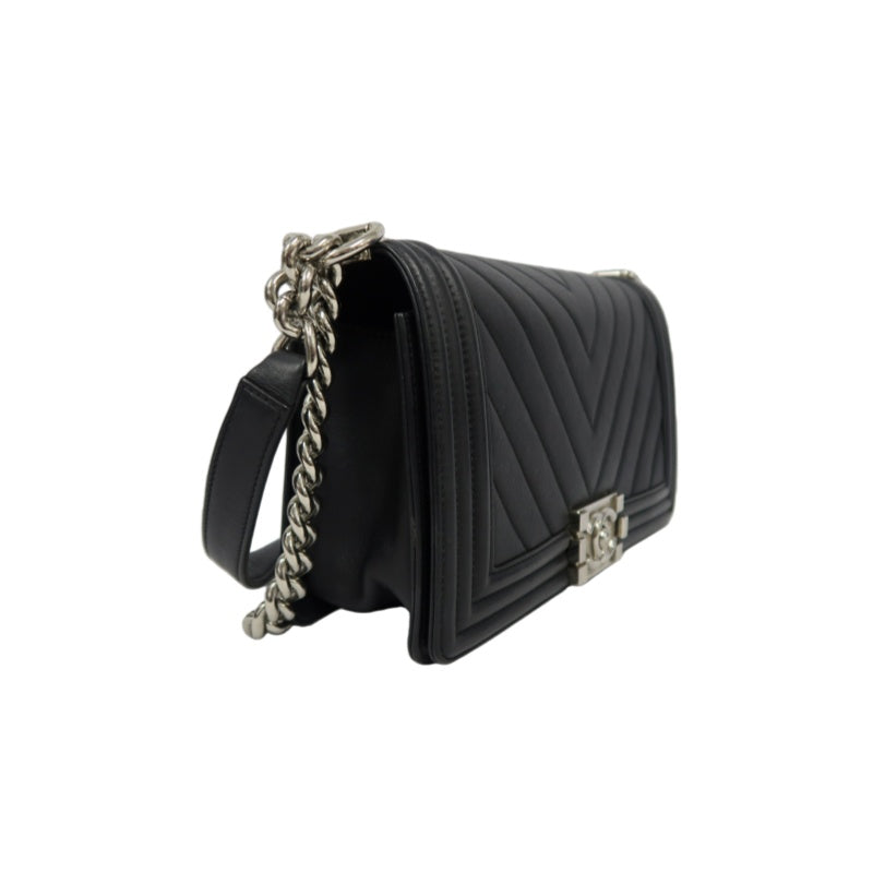 CHANEL Boy Chevron V-Stitch Shoulder Bag, Lambskin, Black, Silver Hardware