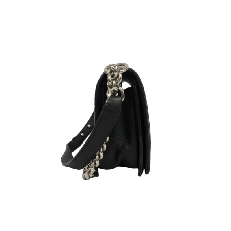CHANEL Boy Chevron V-Stitch Shoulder Bag, Lambskin, Black, Silver Hardware