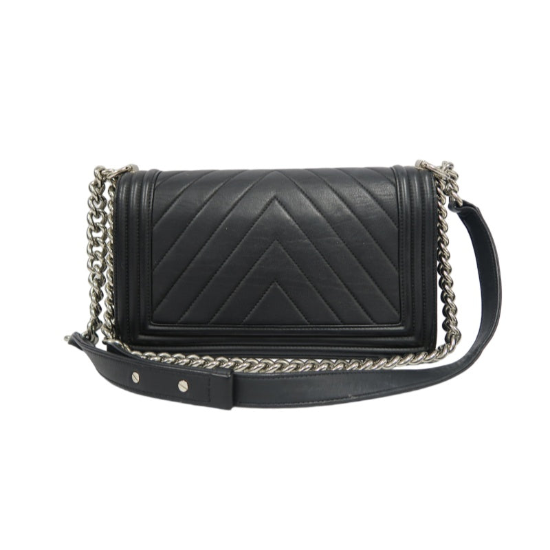 CHANEL Boy Chevron V-Stitch Shoulder Bag, Lambskin, Black, Silver Hardware