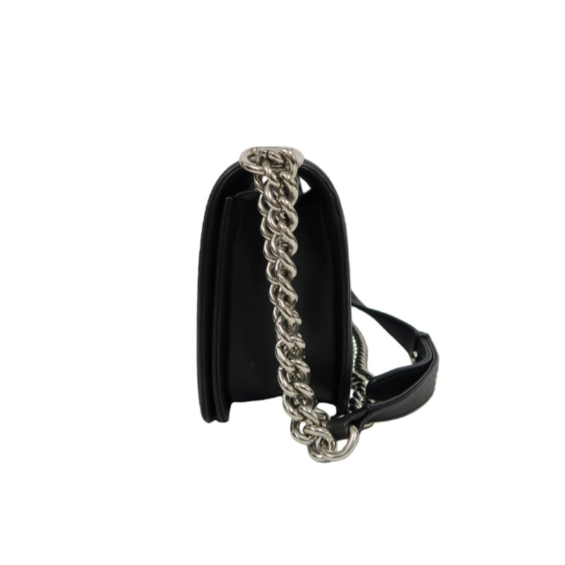 CHANEL Boy Chevron V-Stitch Shoulder Bag, Lambskin, Black, Silver Hardware