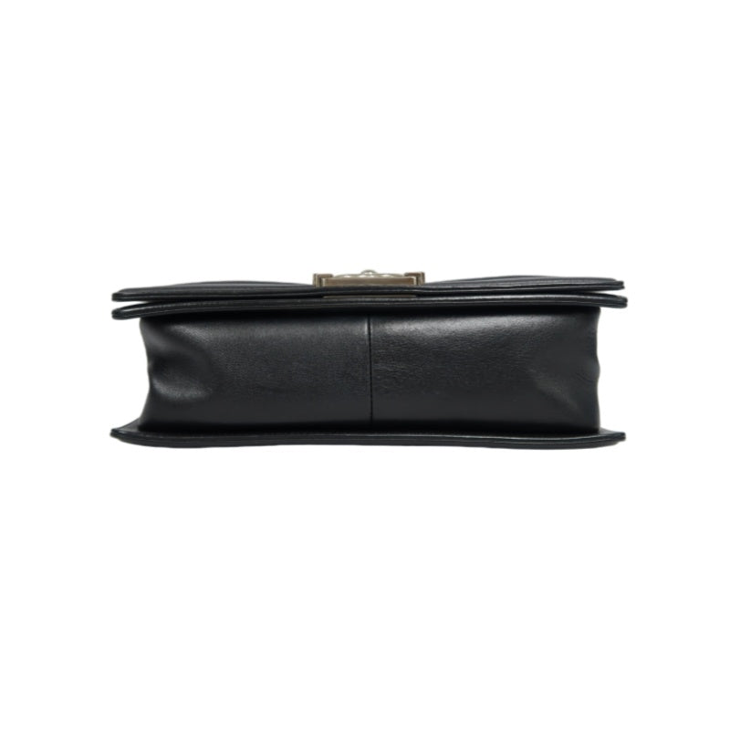 CHANEL Boy Chevron V-Stitch Shoulder Bag, Lambskin, Black, Silver Hardware