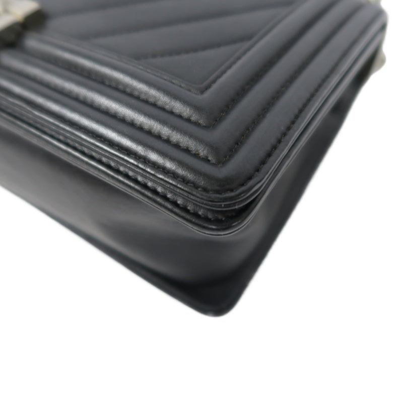 CHANEL Boy Chevron V-Stitch Shoulder Bag, Lambskin, Black, Silver Hardware