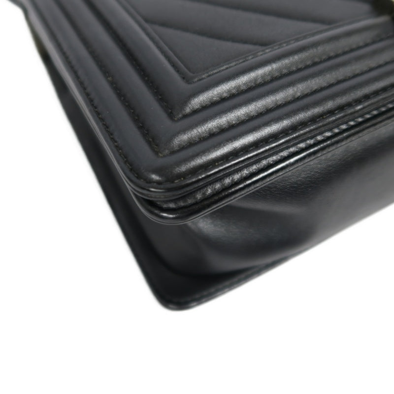 CHANEL Boy Chevron V-Stitch Shoulder Bag, Lambskin, Black, Silver Hardware