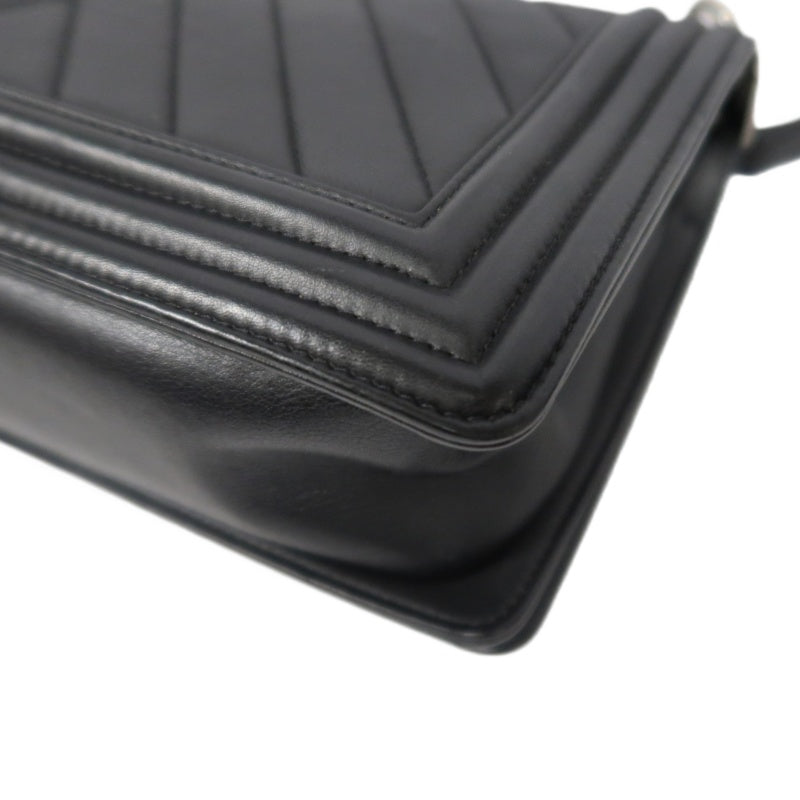 CHANEL Boy Chevron V-Stitch Shoulder Bag, Lambskin, Black, Silver Hardware