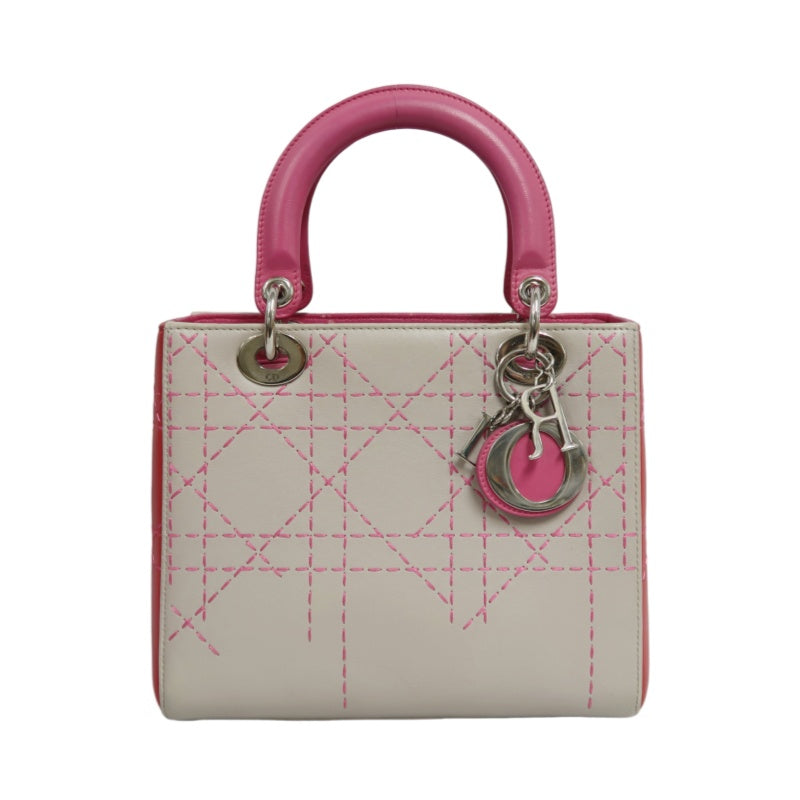 DIOR Lady Dior Cannage Stitch Handbag, Lambskin, Grey Pink, Silver Hardware