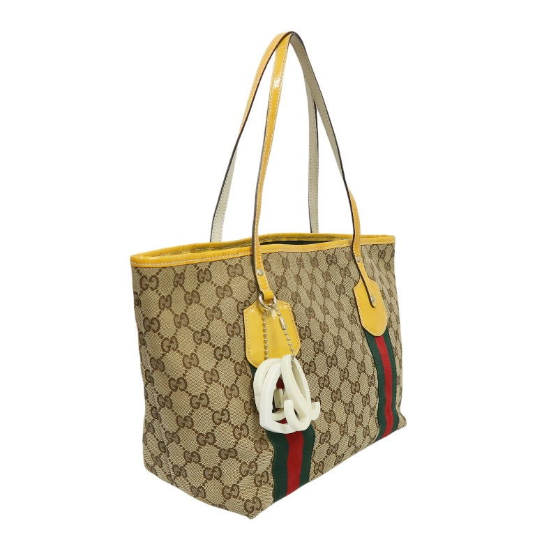 Gucci GG Canvas Sherry Line Tote Bag Beige / Yellow / With Logo Charm / GG Canvas