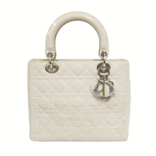 DIOR Cannage Lady Dior Handbag, Lambskin, White, Silver-Tone Hardware, White PVC, 5-Pocket Lady Dior Top Handle Bag