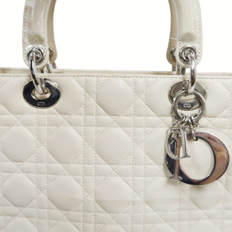 DIOR Cannage Lady Dior Handbag, Lambskin, White, Silver-Tone Hardware, White PVC, 5-Pocket Lady Dior Top Handle Bag