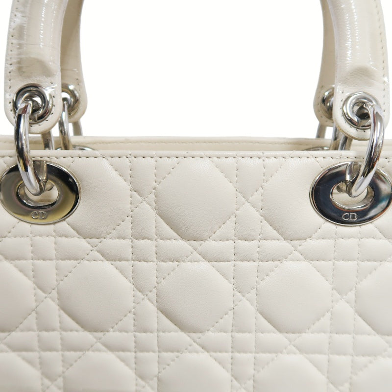 DIOR Cannage Lady Dior Handbag, Lambskin, White, Silver-Tone Hardware, White PVC, 5-Pocket Lady Dior Top Handle Bag