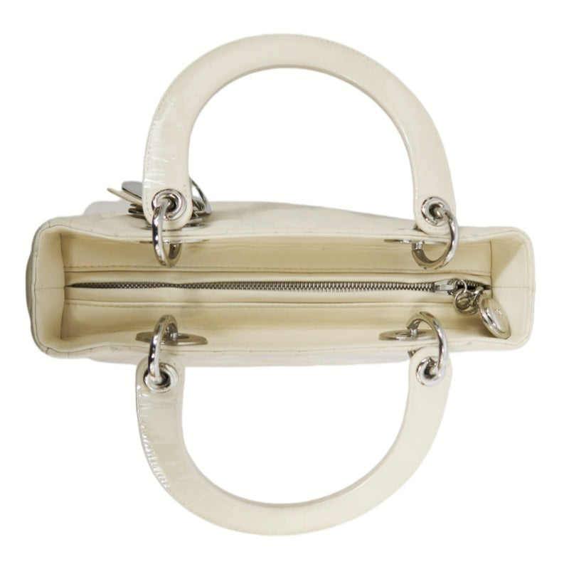 DIOR Cannage Lady Dior Handbag, Lambskin, White, Silver-Tone Hardware, White PVC, 5-Pocket Lady Dior Top Handle Bag