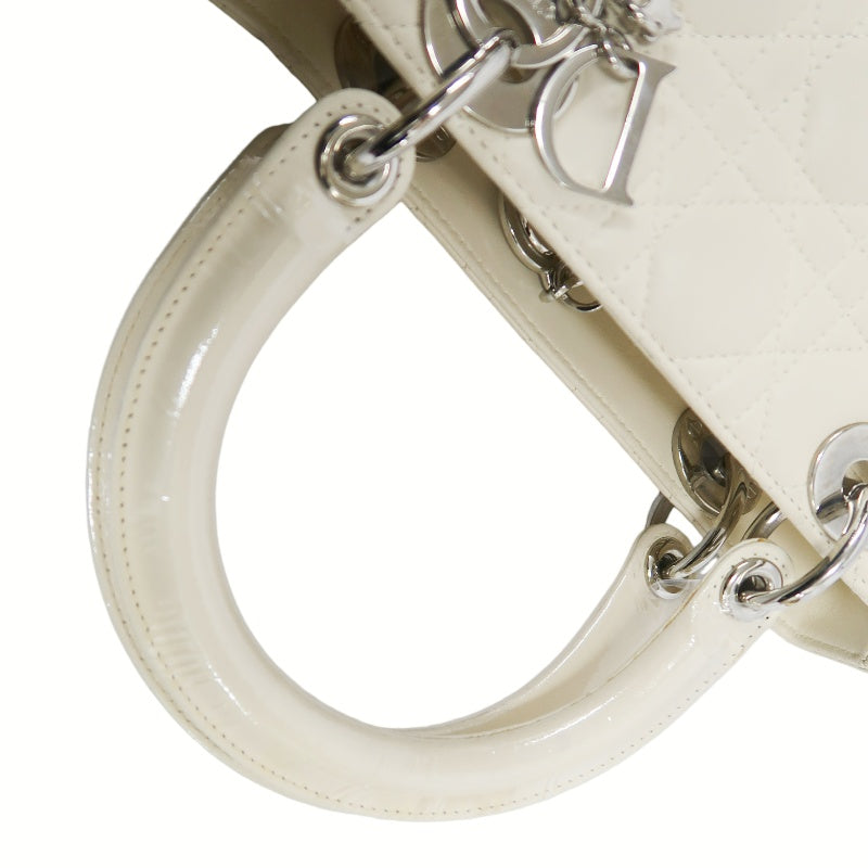 DIOR Cannage Lady Dior Handbag, Lambskin, White, Silver-Tone Hardware, White PVC, 5-Pocket Lady Dior Top Handle Bag