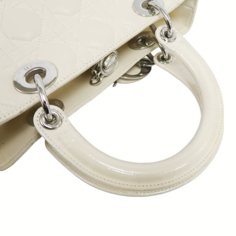 DIOR Cannage Lady Dior Handbag, Lambskin, White, Silver-Tone Hardware, White PVC, 5-Pocket Lady Dior Top Handle Bag