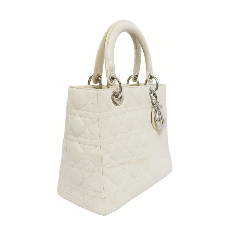 DIOR Cannage Lady Dior Handbag, Lambskin, White, Silver-Tone Hardware, White PVC, 5-Pocket Lady Dior Top Handle Bag