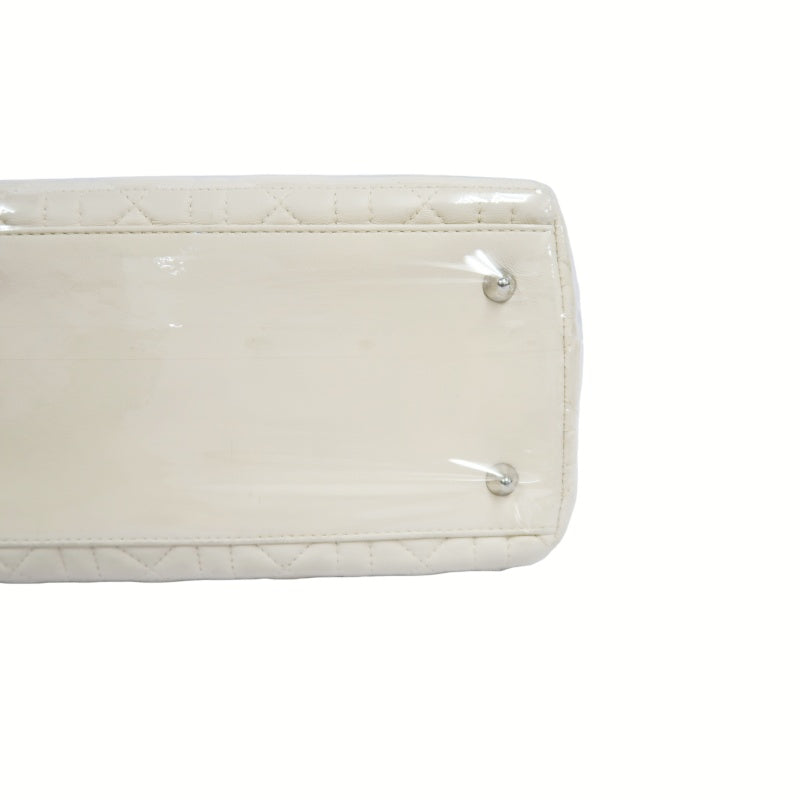 DIOR Cannage Lady Dior Handbag, Lambskin, White, Silver-Tone Hardware, White PVC, 5-Pocket Lady Dior Top Handle Bag