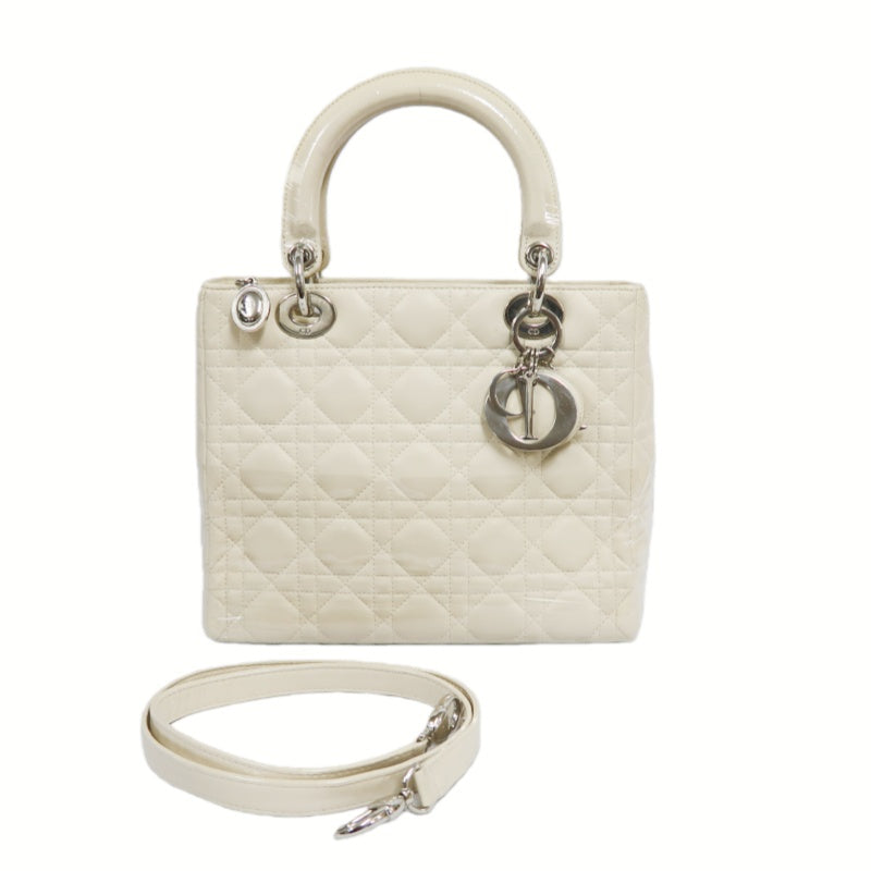 DIOR Cannage Lady Dior Handbag, Lambskin, White, Silver-Tone Hardware, White PVC, 5-Pocket Lady Dior Top Handle Bag