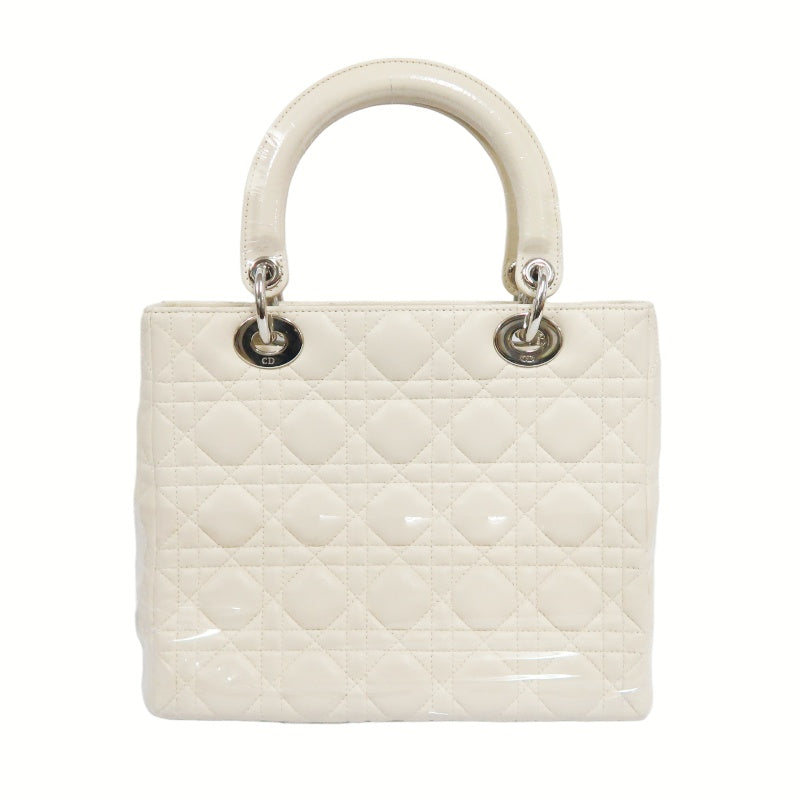 DIOR Cannage Lady Dior Handbag, Lambskin, White, Silver-Tone Hardware, White PVC, 5-Pocket Lady Dior Top Handle Bag