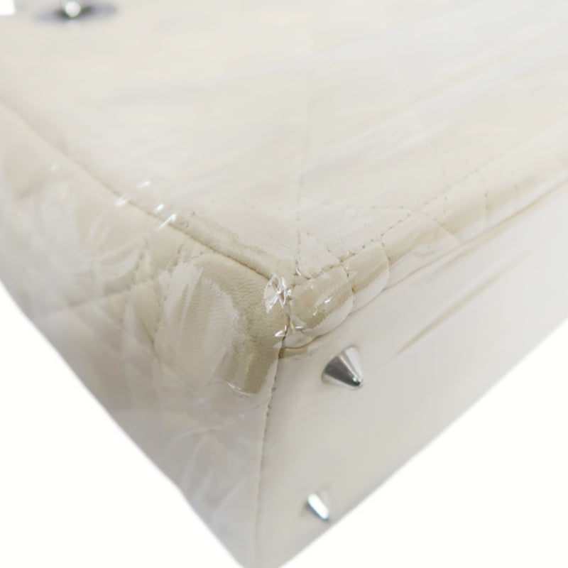 DIOR Cannage Lady Dior Handbag, Lambskin, White, Silver-Tone Hardware, White PVC, 5-Pocket Lady Dior Top Handle Bag