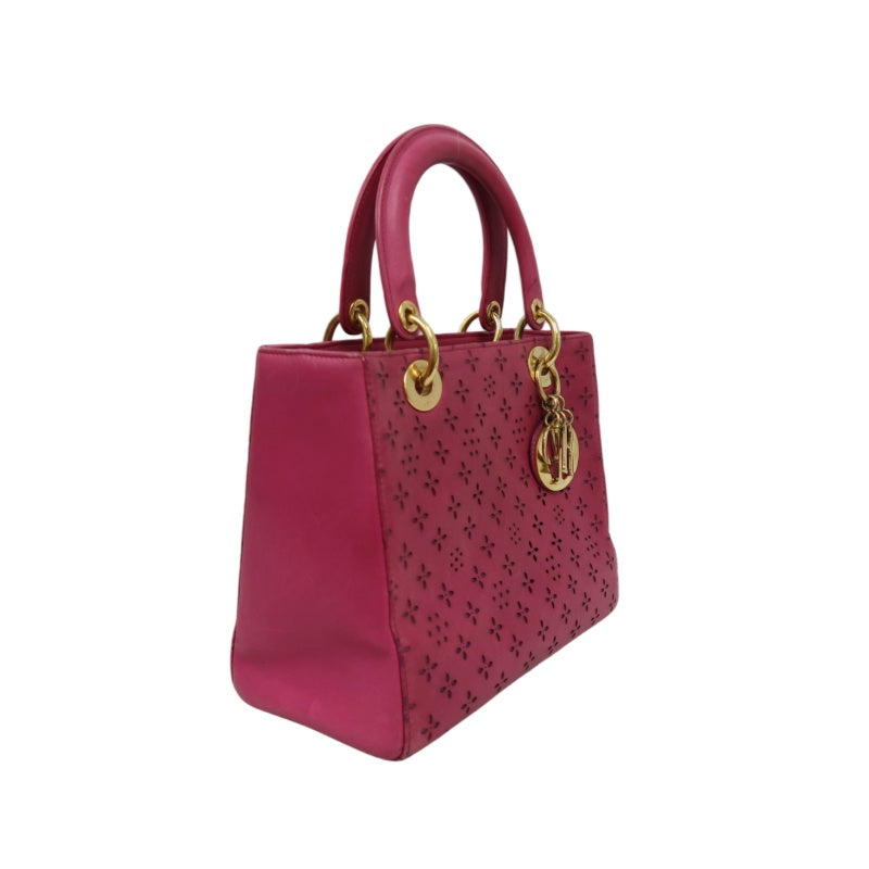 DIOR Lady Dior Punching Handbag, Leather, Magenta Pink, Gold Hardware