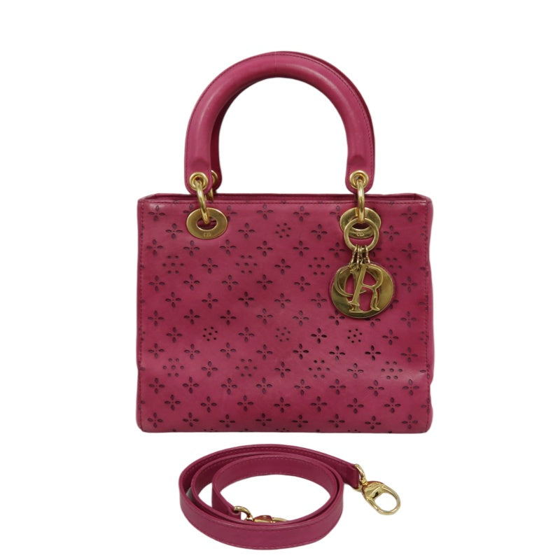 DIOR Lady Dior Punching Handbag, Leather, Magenta Pink, Gold Hardware