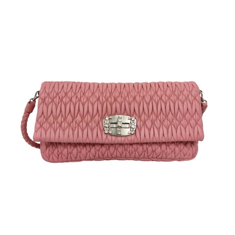 MIUMIU Coffer Matelasse Nappa Crystal Chain Shoulder Bag Clutch Pink Leather Silver Hardware