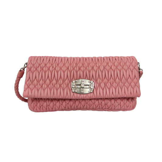 MIUMIU Coffer Matelasse Nappa Crystal Chain Shoulder Bag Clutch Pink Leather Silver Hardware