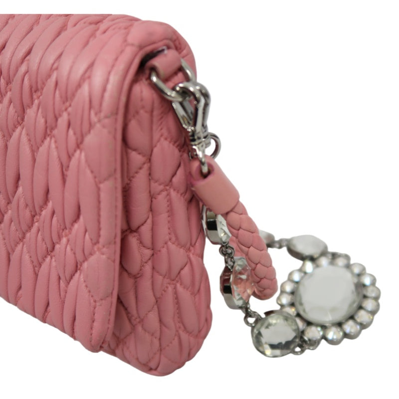 MIUMIU Coffer Matelasse Nappa Crystal Chain Shoulder Bag Clutch Pink Leather Silver Hardware
