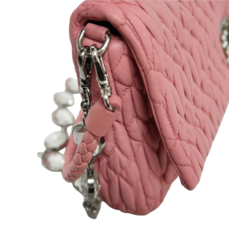 MIUMIU Coffer Matelasse Nappa Crystal Chain Shoulder Bag Clutch Pink Leather Silver Hardware