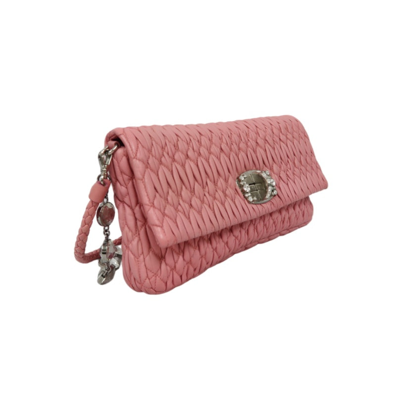 MIUMIU Coffer Matelasse Nappa Crystal Chain Shoulder Bag Clutch Pink Leather Silver Hardware