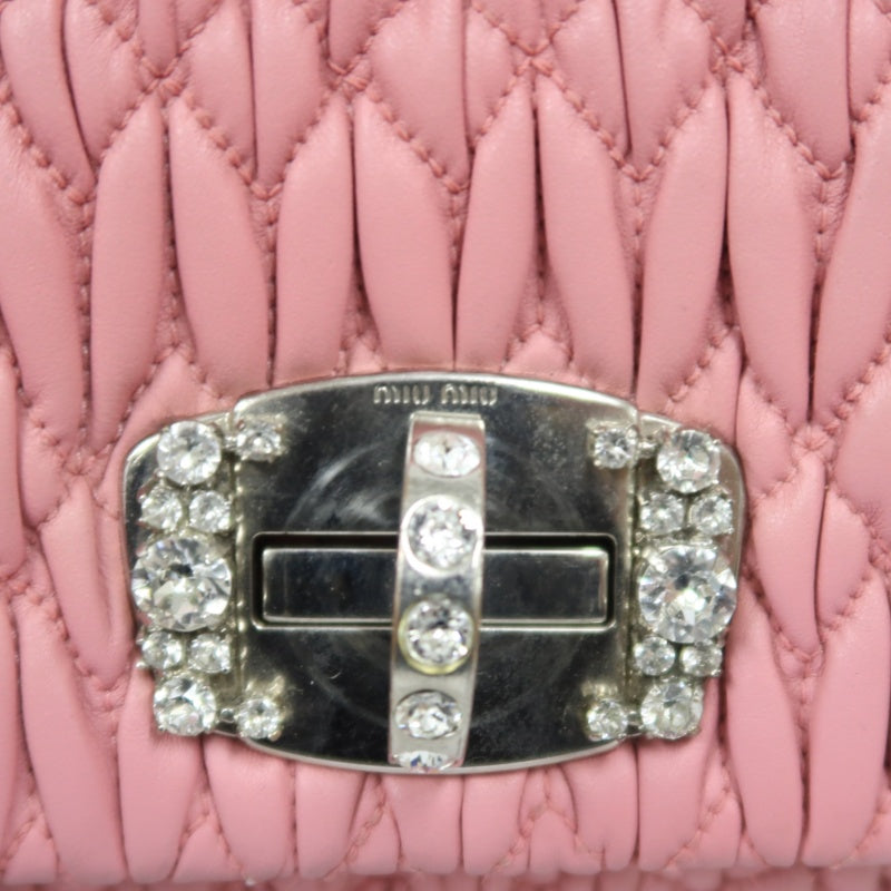 MIUMIU Coffer Matelasse Nappa Crystal Chain Shoulder Bag Clutch Pink Leather Silver Hardware